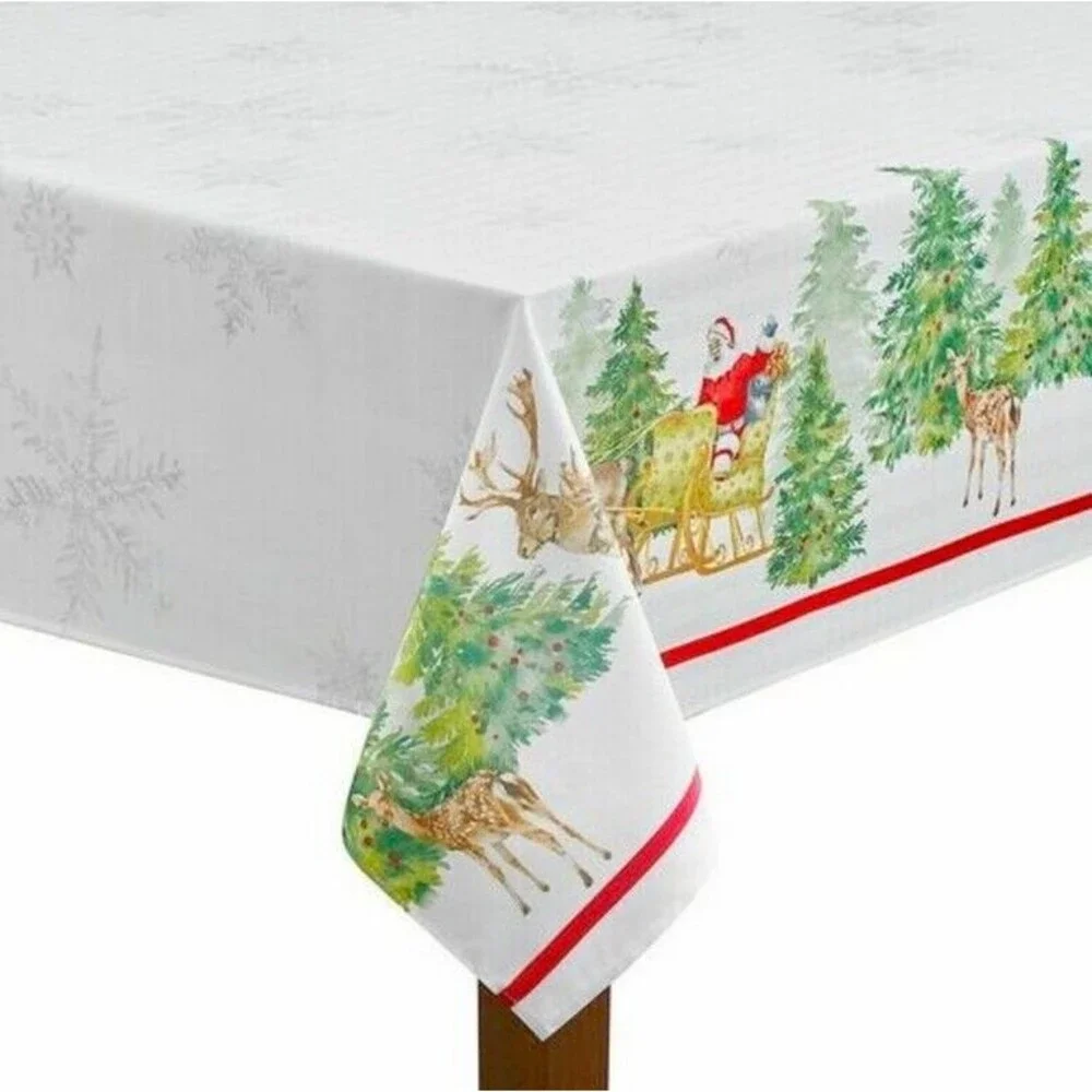 Christmas Santa's Sleigh Border Tablecloth Fabric 60x84 Oblong Jacquard Reindeer